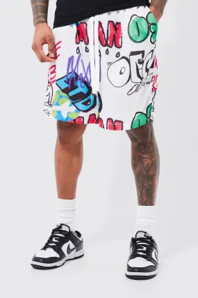 Loose Fit Graffiti Split Hem Basketball Short