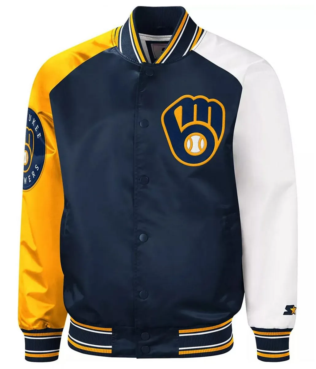 Milwaukee Brewers Reliever Satin Raglan Full-Snap Blue and Yellow Jacket