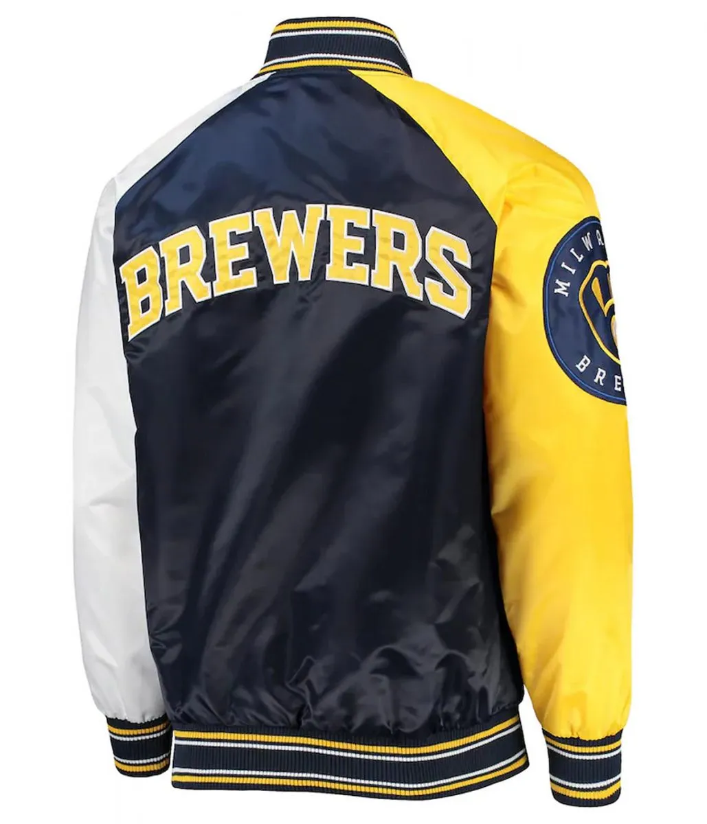 Milwaukee Brewers Reliever Satin Raglan Full-Snap Blue and Yellow Jacket