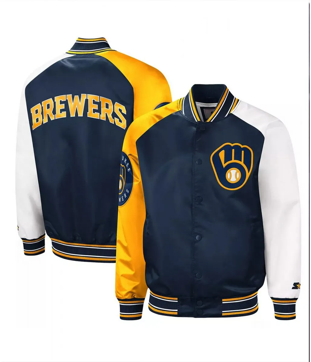 Milwaukee Brewers Reliever Satin Raglan Full-Snap Blue and Yellow Jacket