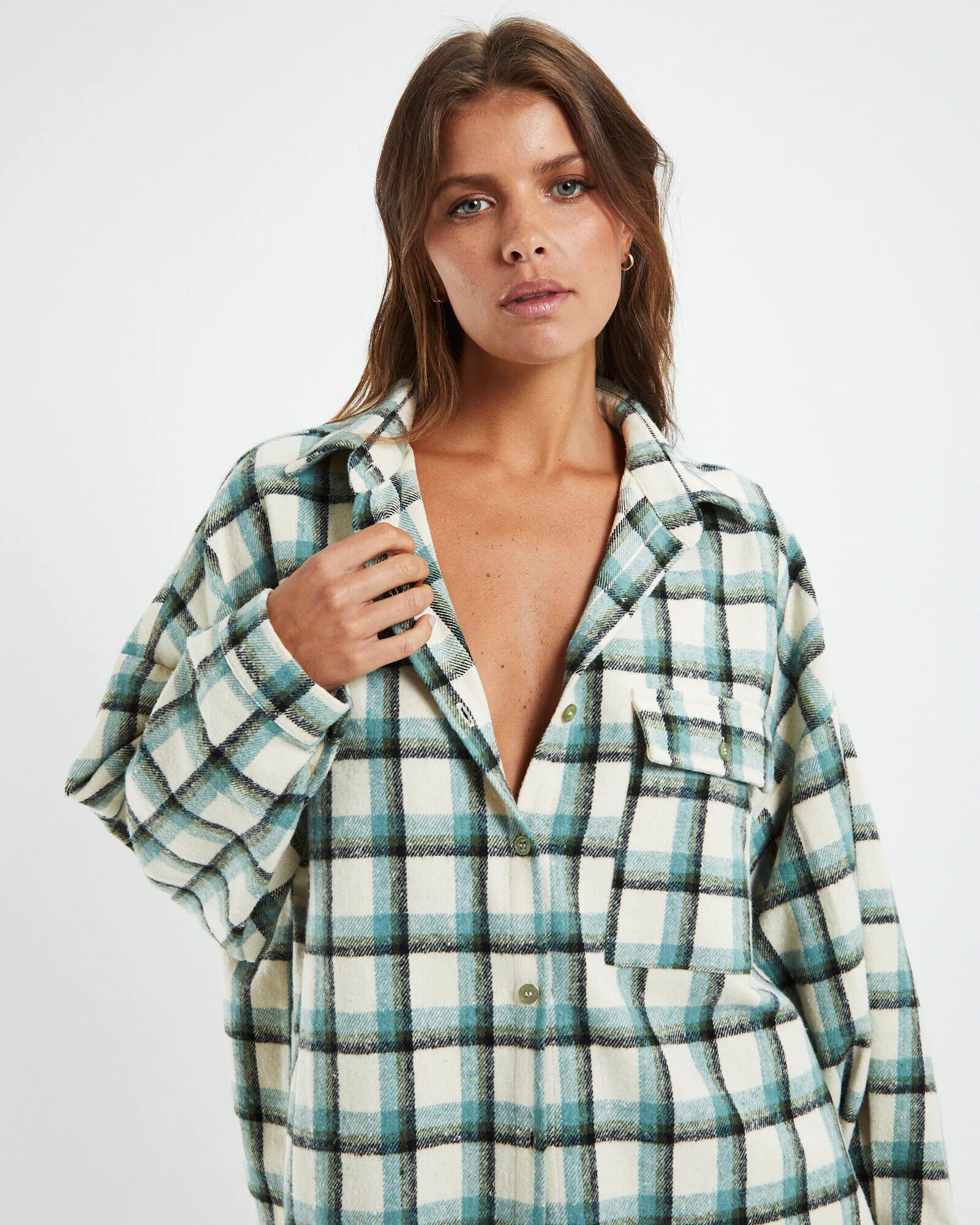 Neon Hart Riley Boyfriend Flannel Shirt Check Blue