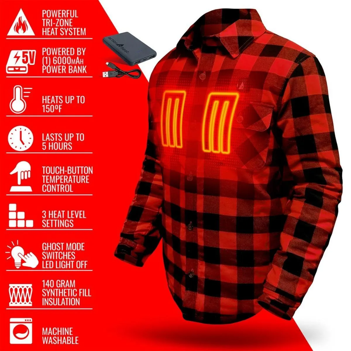 Open Box ActionHeat 5V Battery Heated Flannel Shirt