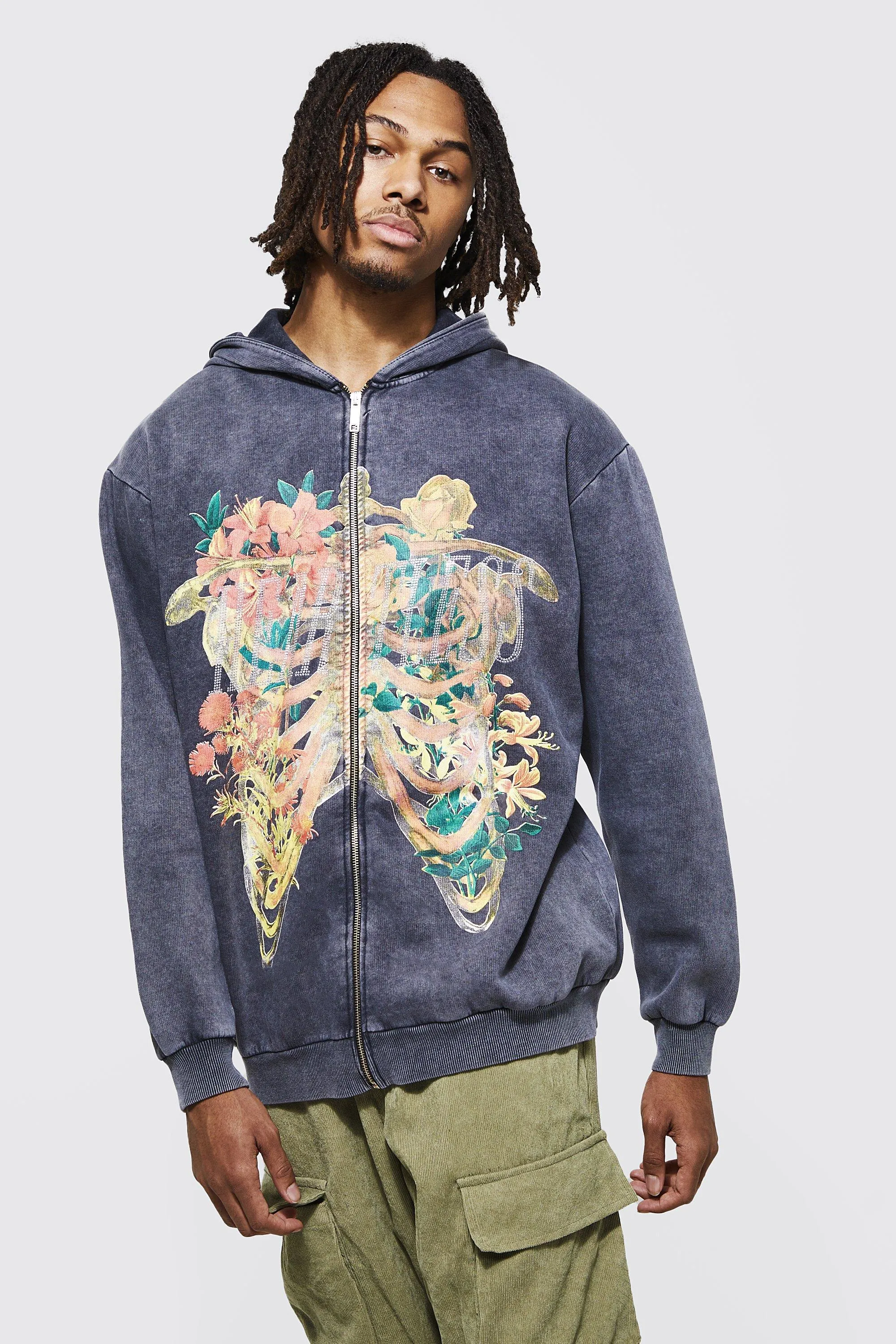 Oversized Acid Wash Ribcage Zip Hoodie