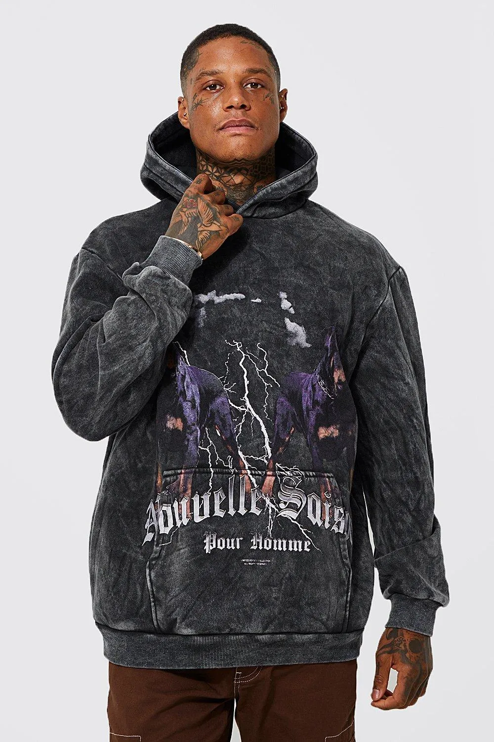 Oversized Acid Wash Rottweiler Graphic Hoodie