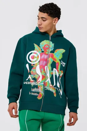 Oversized Cherub Print Zip Through Hoodie