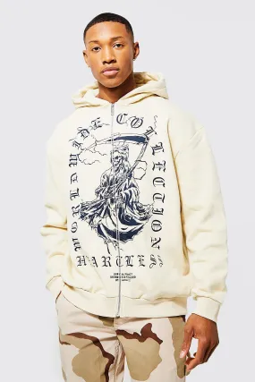 Oversized Gothic Skull Zip Through Hoodie