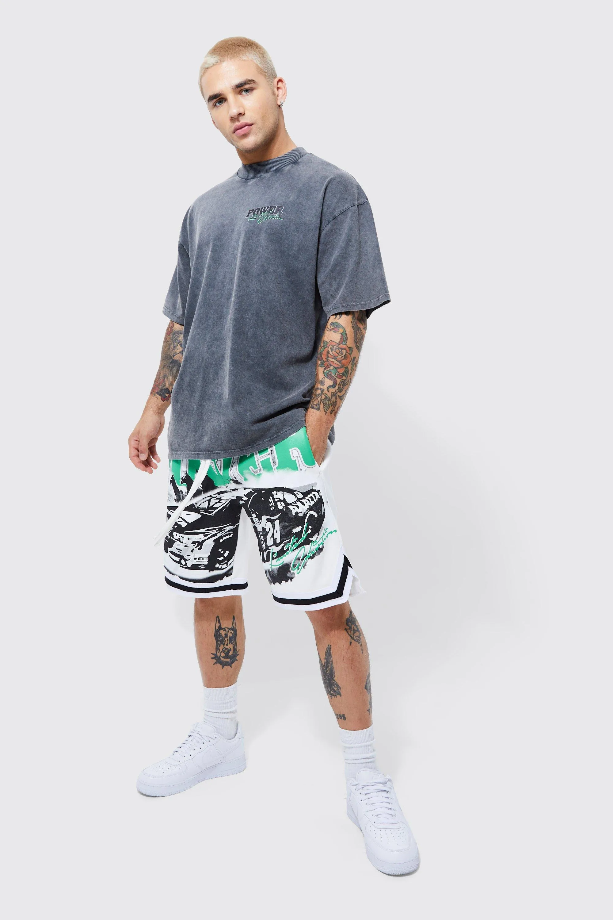 Oversized Homme Acid Wash Basketball Short Set