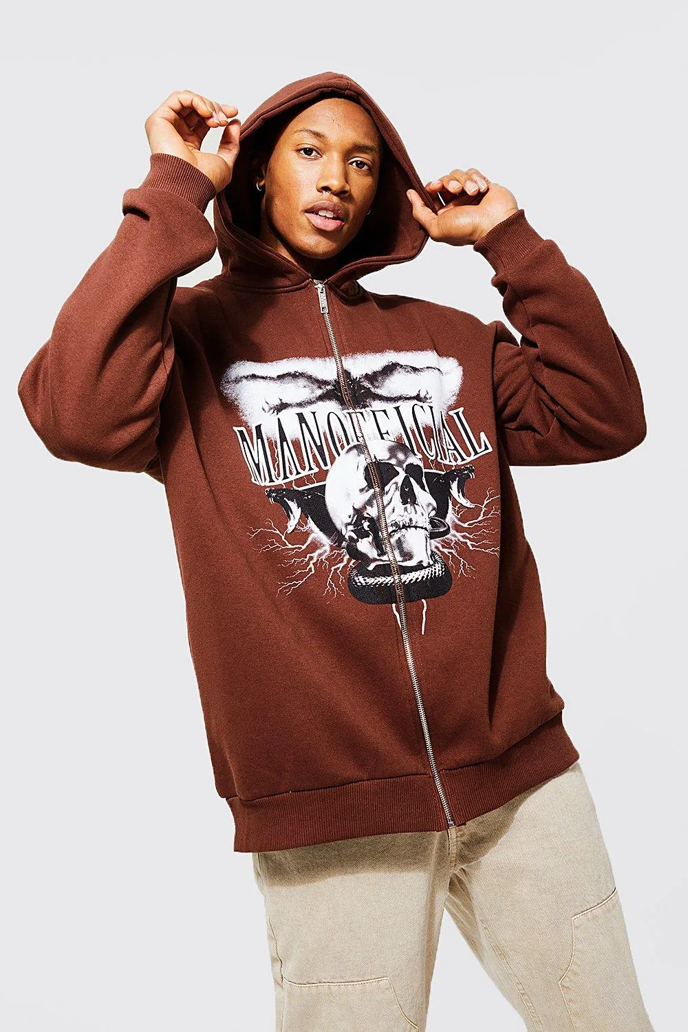 Oversized Man Official Skull Print Zip Hoodie