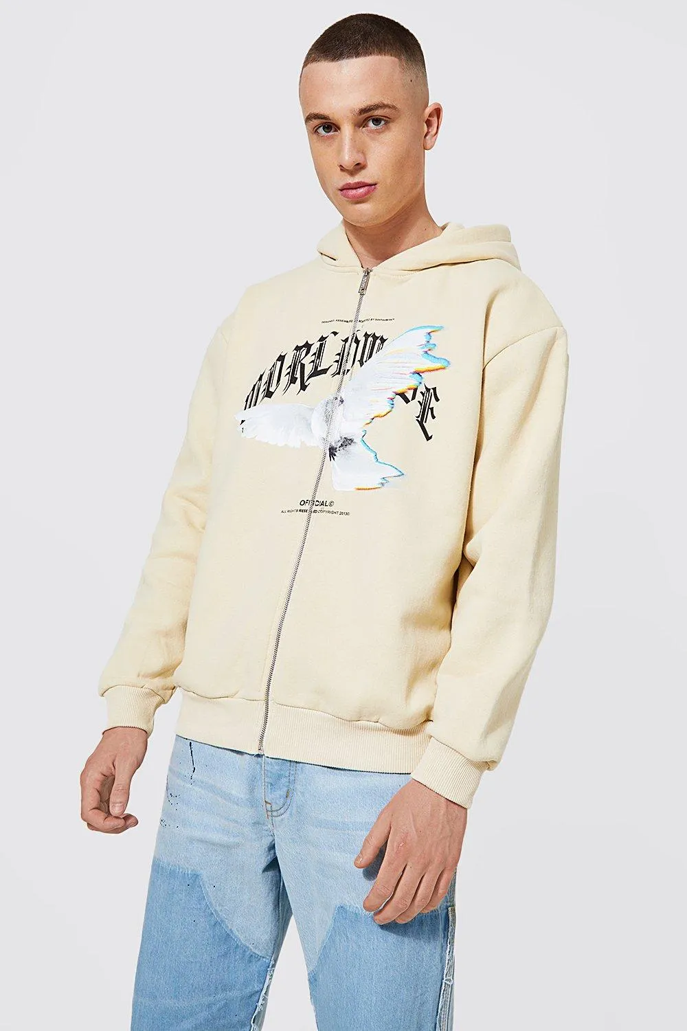 Oversized Worldwide Dove Zip Through Hoodie