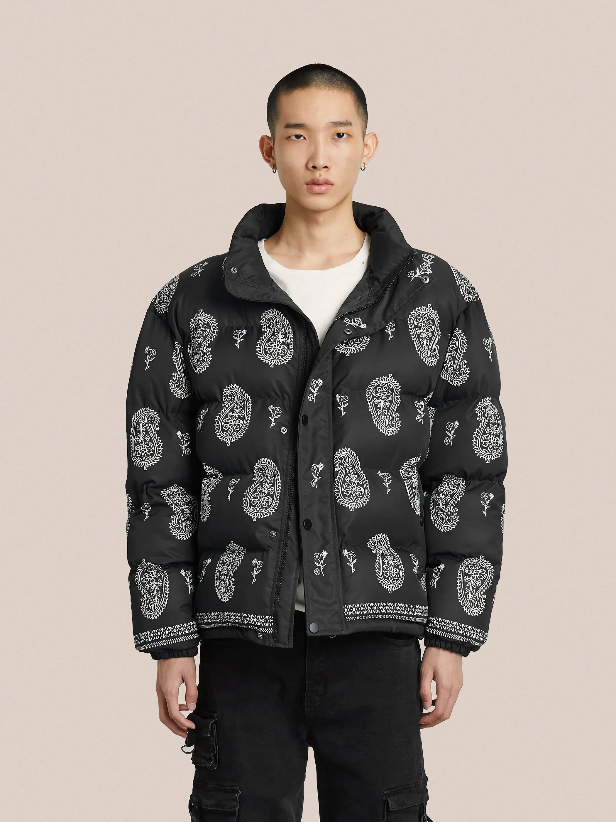 Paisley Puffer Jacket in Black