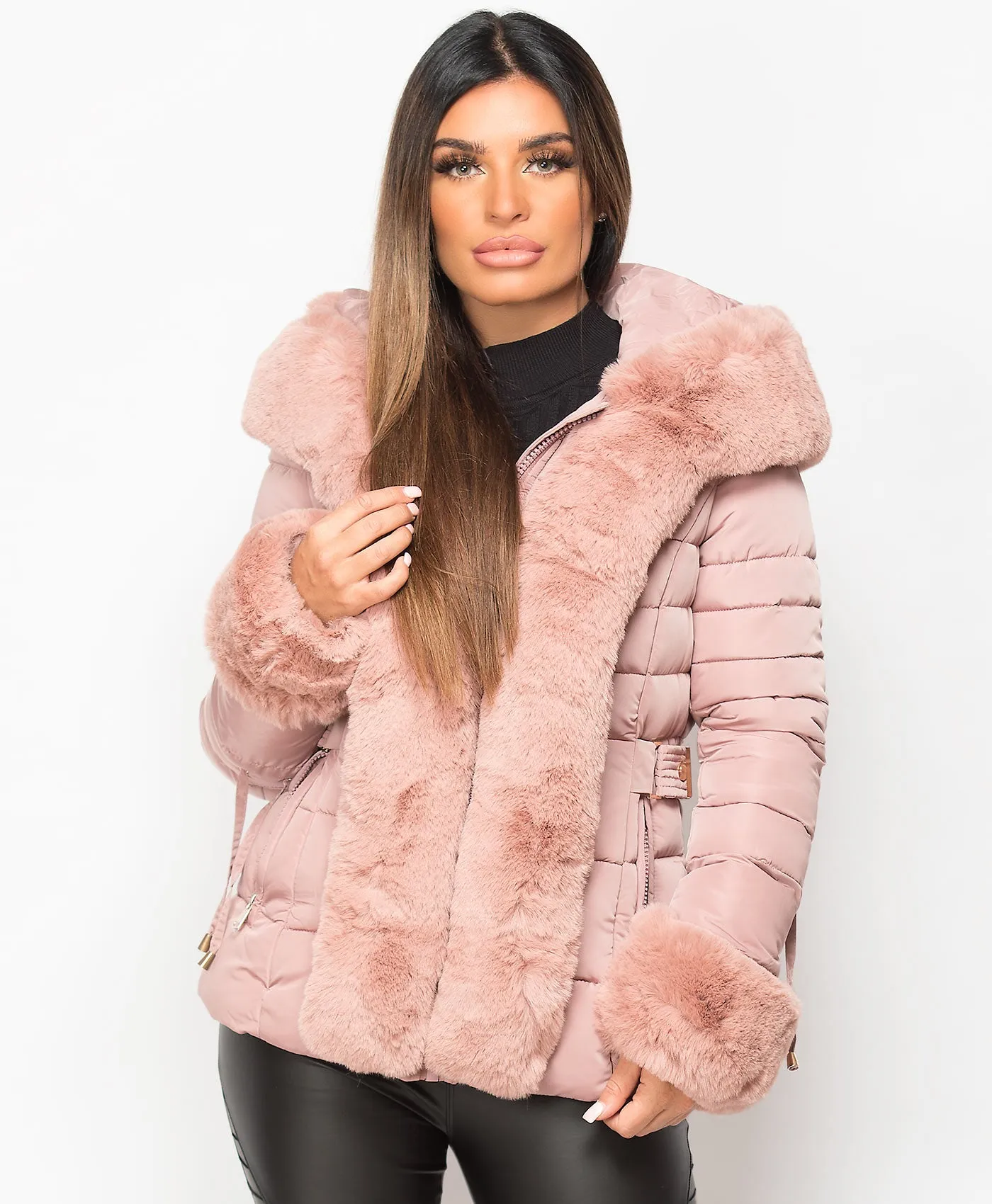 Pink Faux Fur Trim Hooded Side Buckle Puffer Jacket