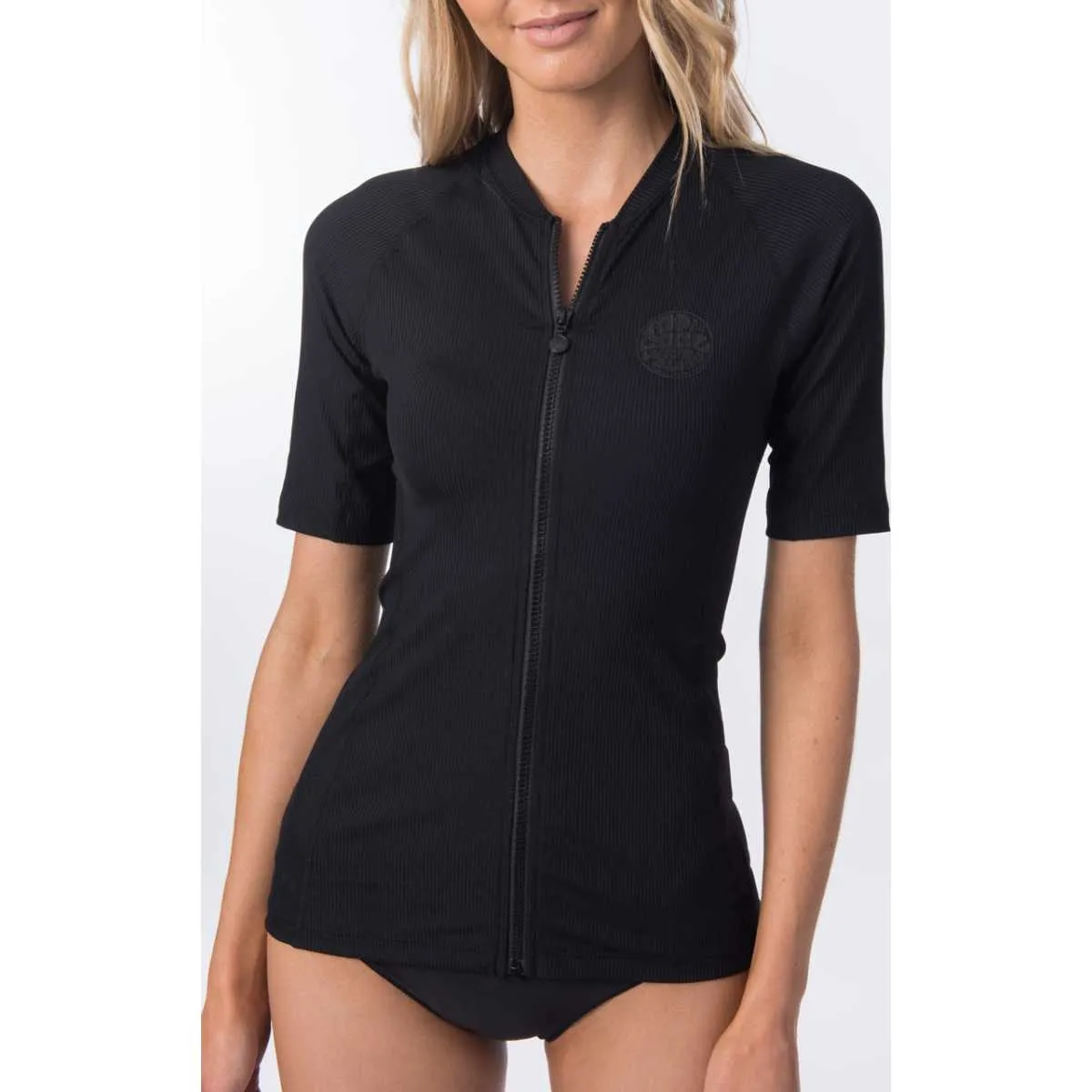 Premium Rib Zip Thru Short Sleeve UV Tee Rash Vest in Black