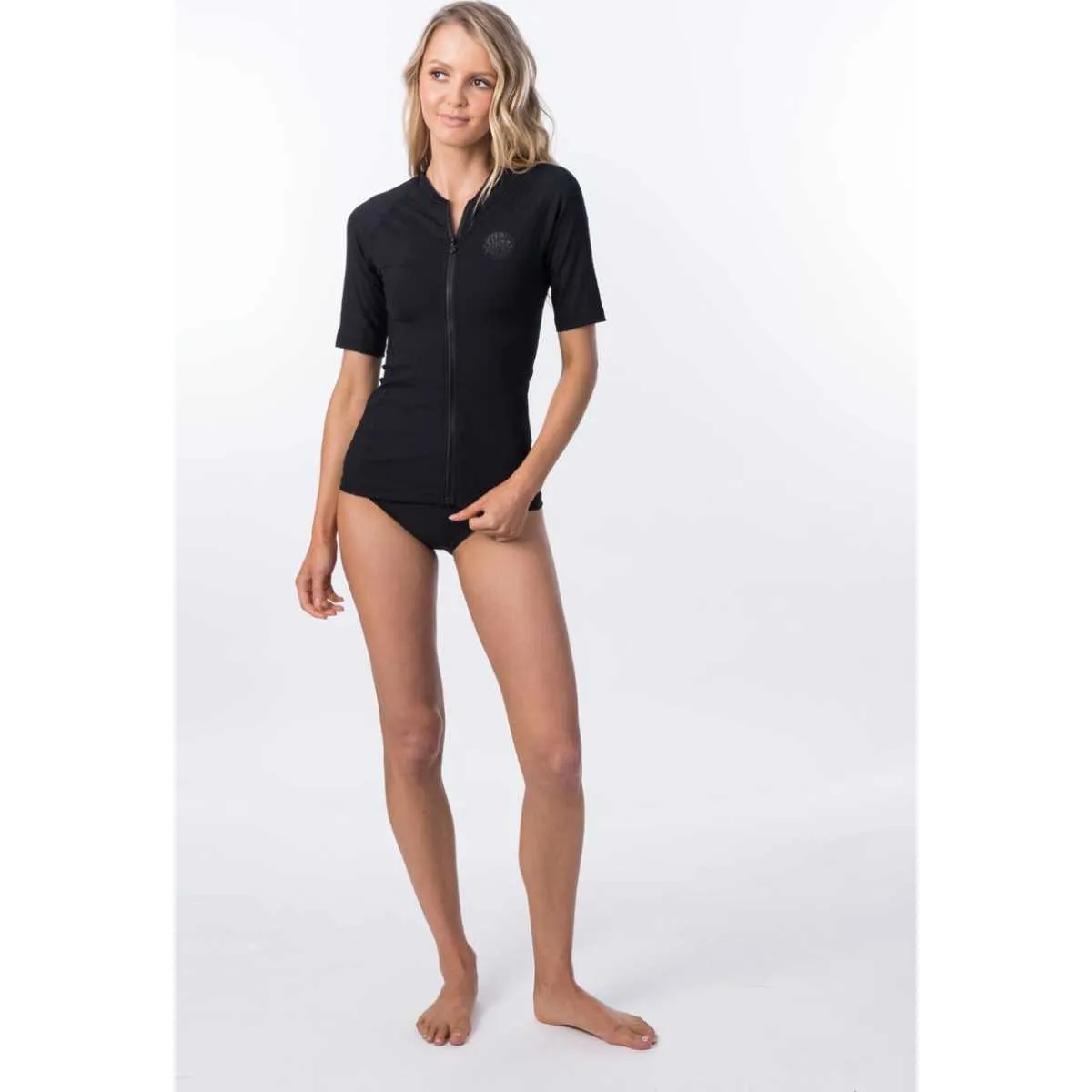 Premium Rib Zip Thru Short Sleeve UV Tee Rash Vest in Black