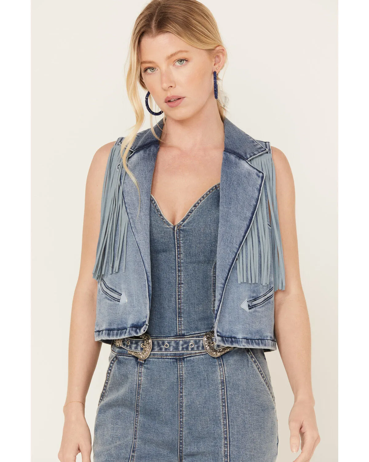 Rock & Roll Denim Women's Medium Wash Cropped Denim Fringe Vest