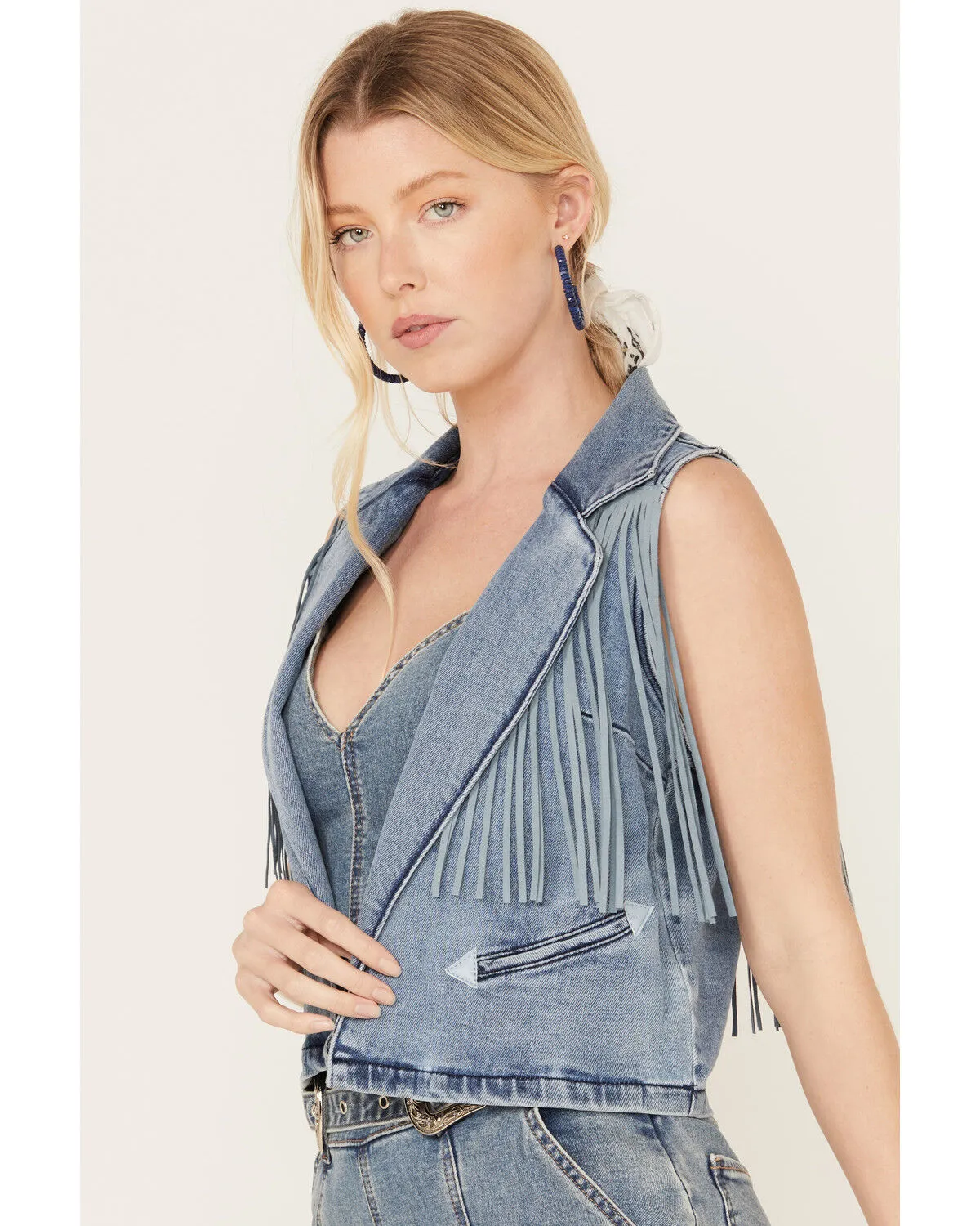 Rock & Roll Denim Women's Medium Wash Cropped Denim Fringe Vest