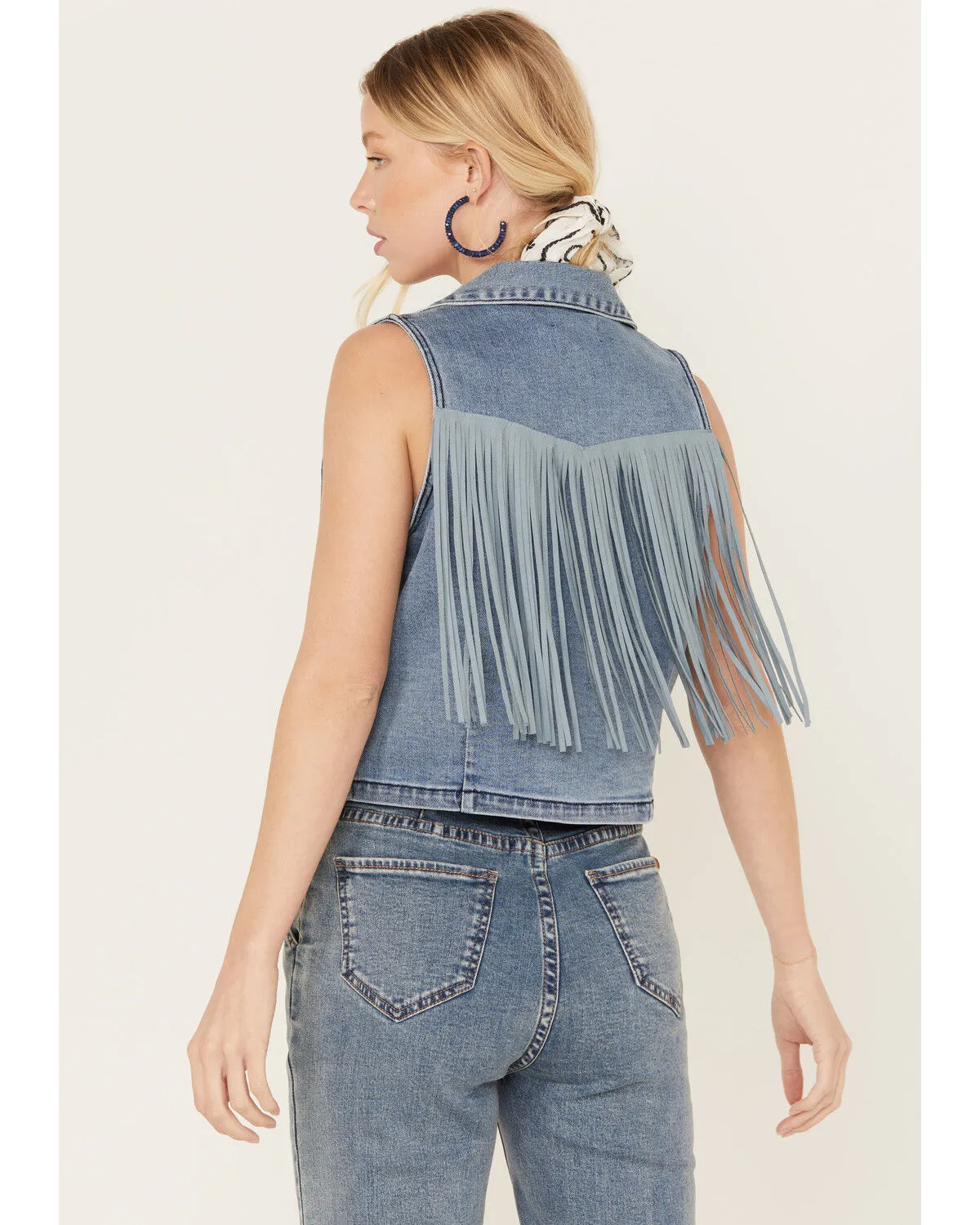 Rock & Roll Denim Women's Medium Wash Cropped Denim Fringe Vest