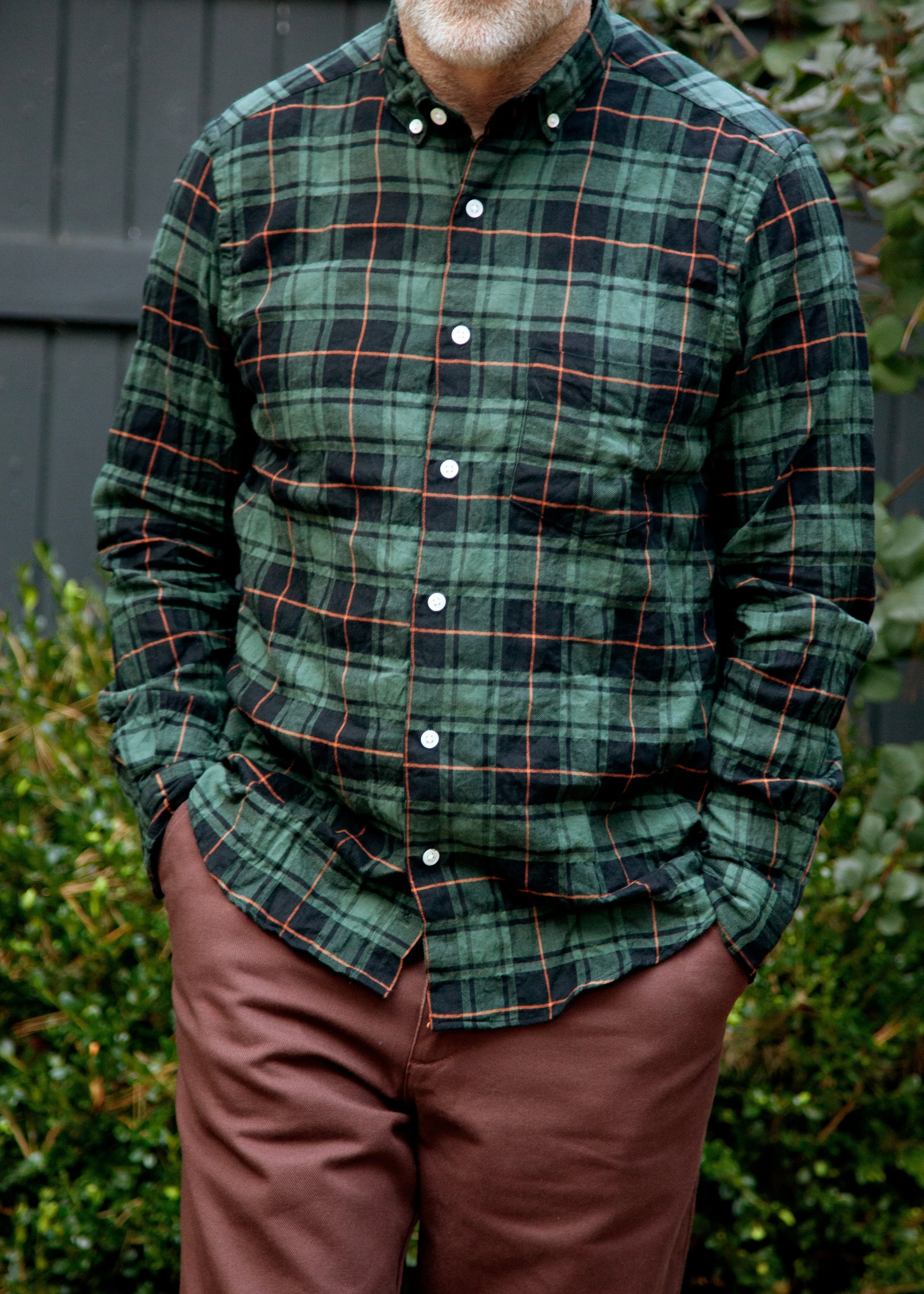 Single Needle Shirt, Green Pucker Flannel