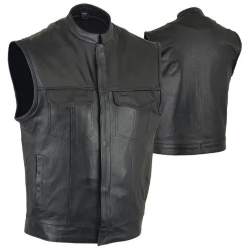 SOA Motorcycle Vest, Gun Pockets, Snaps/Zipper, Naked Cowhide, McVests - Horizon Leathers