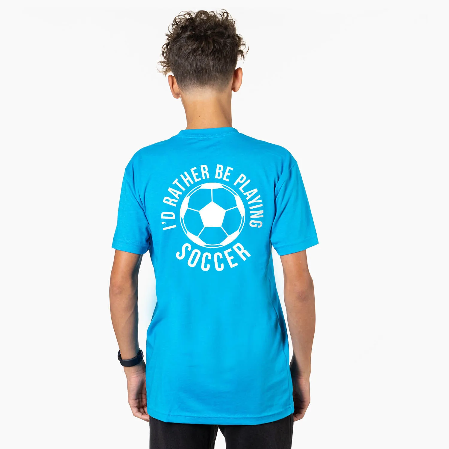 Soccer Short Sleeve T-Shirt - I'd Rather Be Playing Soccer Round (Back Design) 