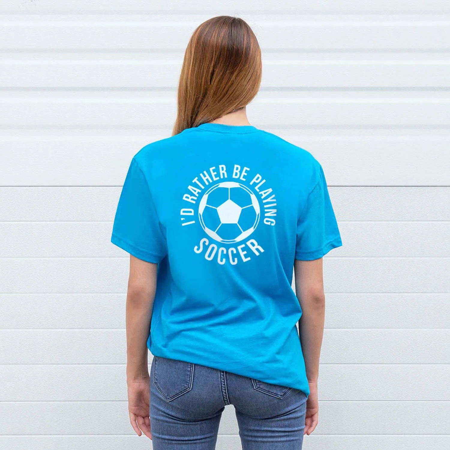 Soccer Short Sleeve T-Shirt - I'd Rather Be Playing Soccer Round (Back Design) 