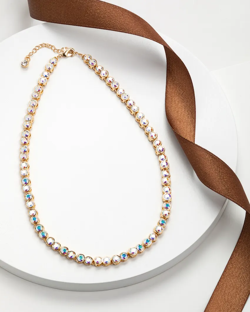 Timeless Goldtone Tennis Necklace in Aurora Borealis - callura