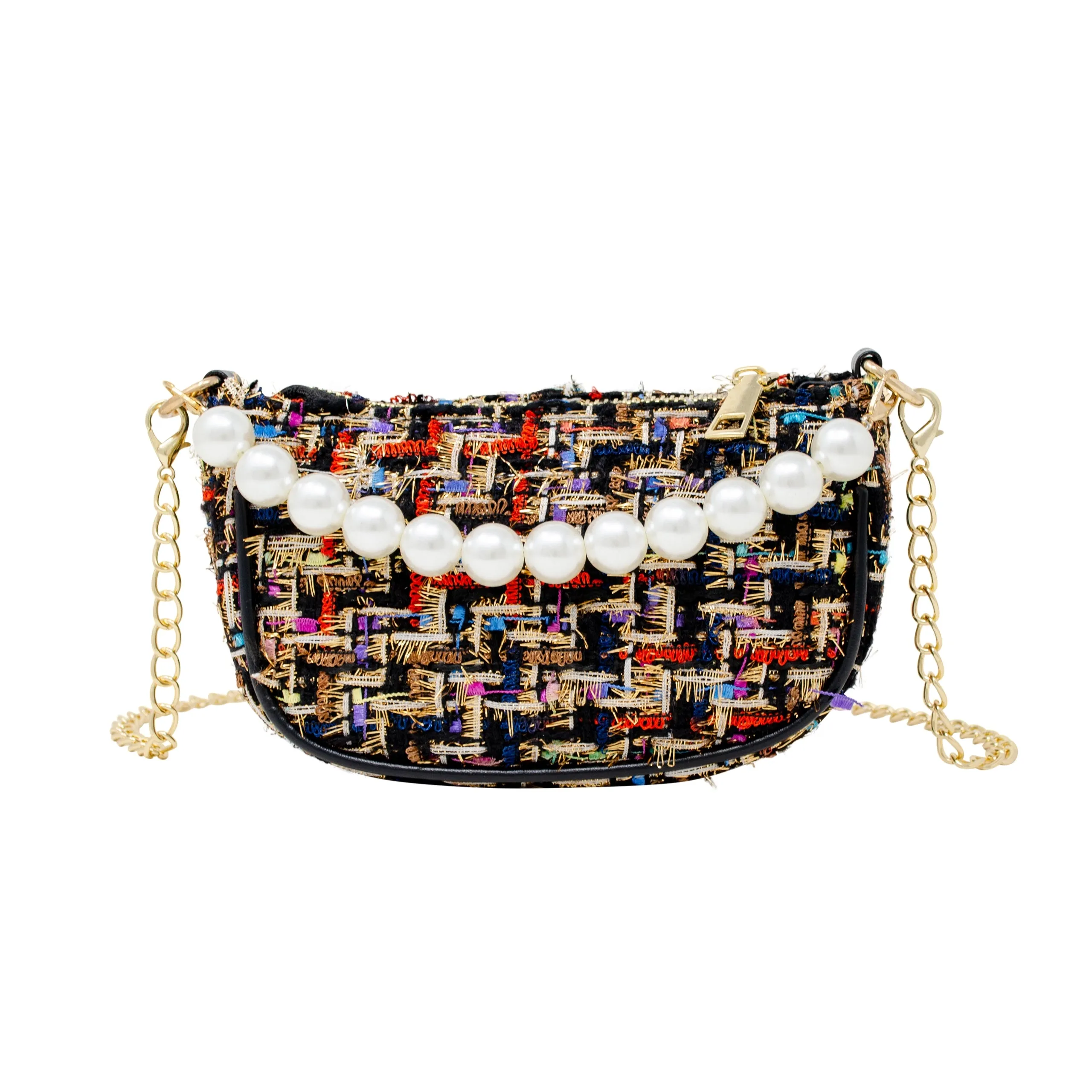 Tweed Pearl Clutch Bag - Black