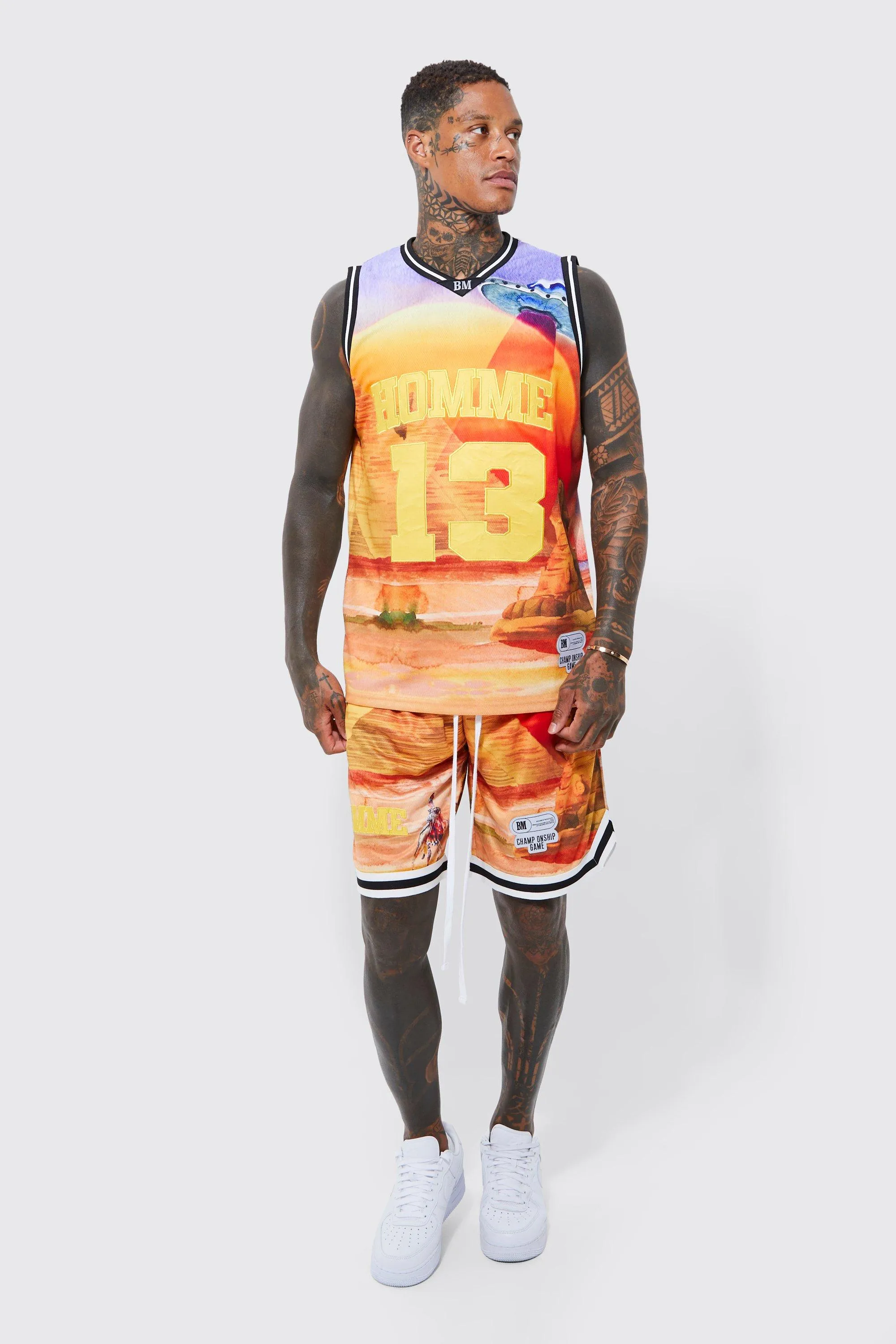 V-neck Mesh Desert Scenic Vest & Short Set | boohooMAN UK