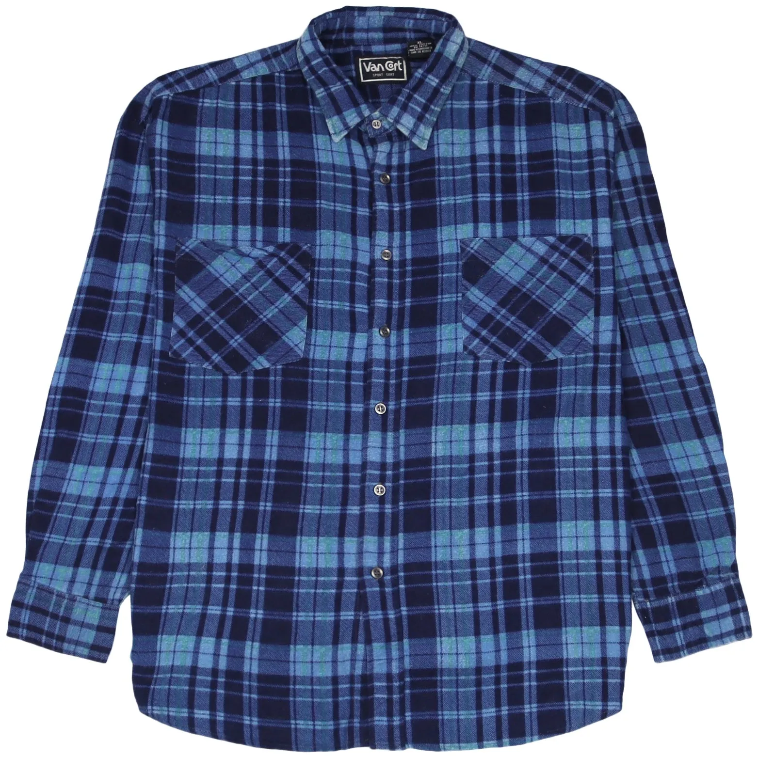 VanCort Checkered Plaid Flannel Shirt Navy Blue Black