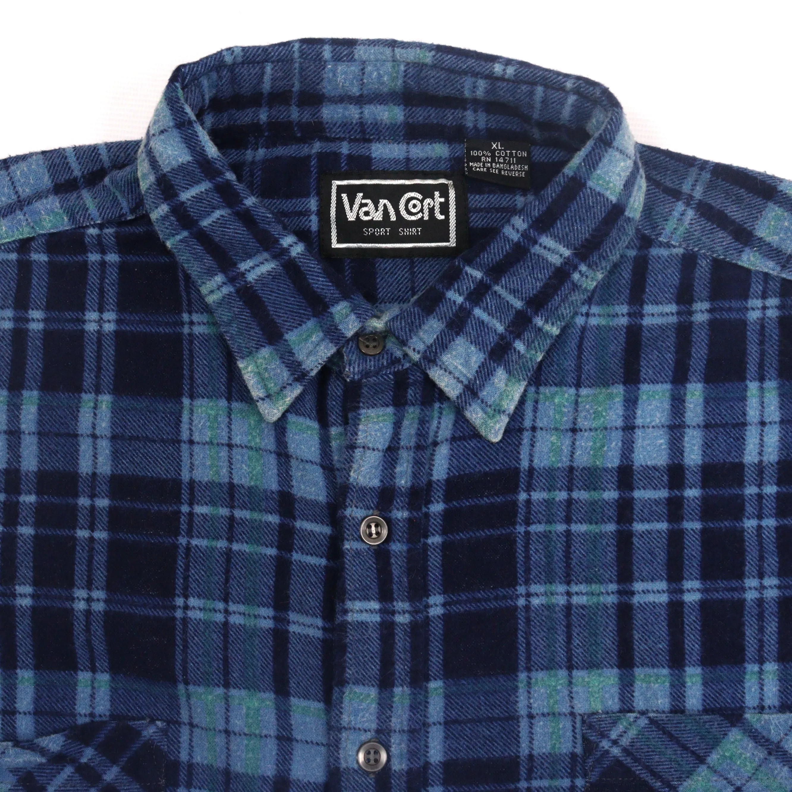 VanCort Checkered Plaid Flannel Shirt Navy Blue Black