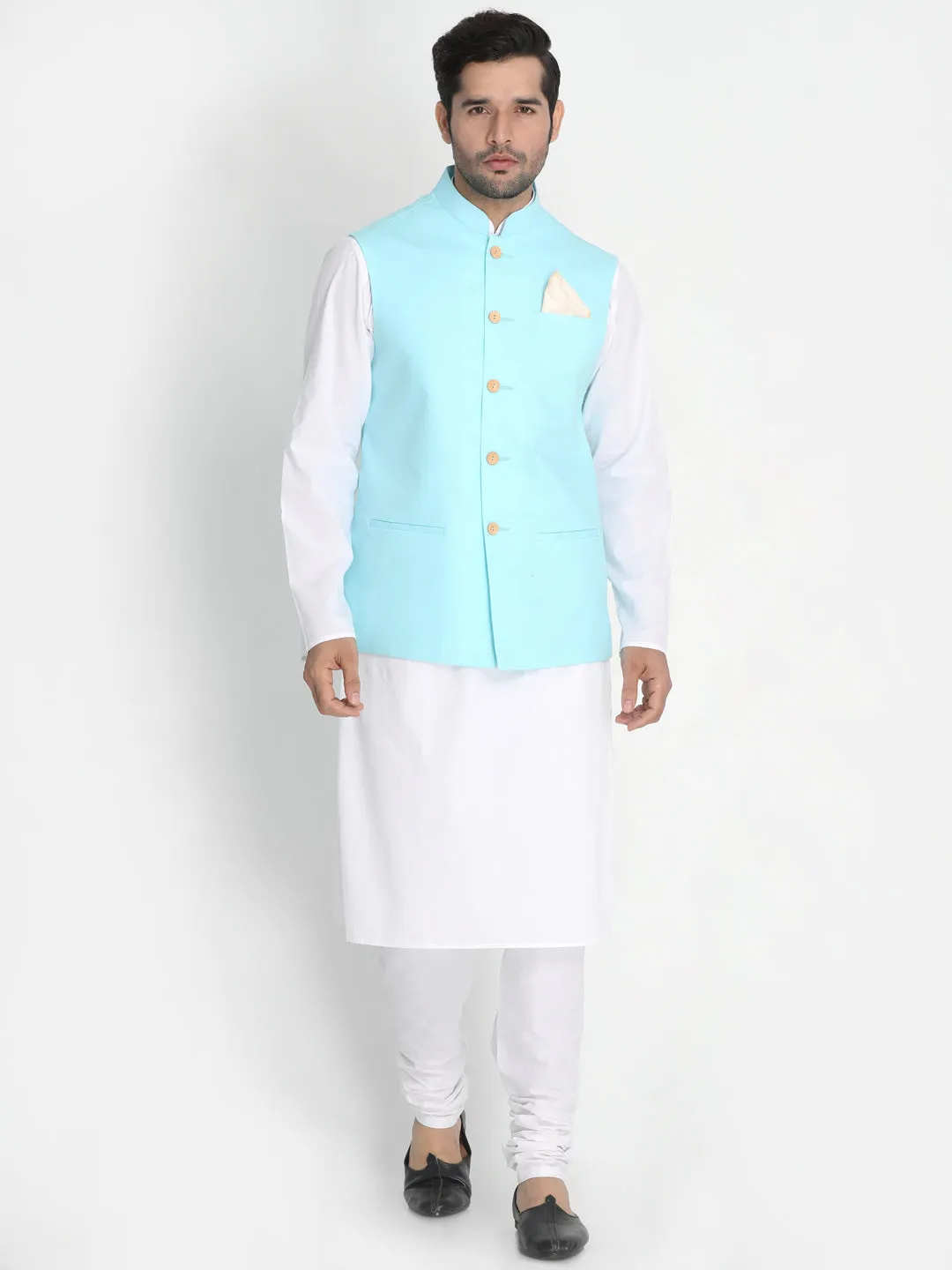 VASTRAMAY Men's  Aqua Blue Ethnic Jacket and White Kurta Pyjama Set