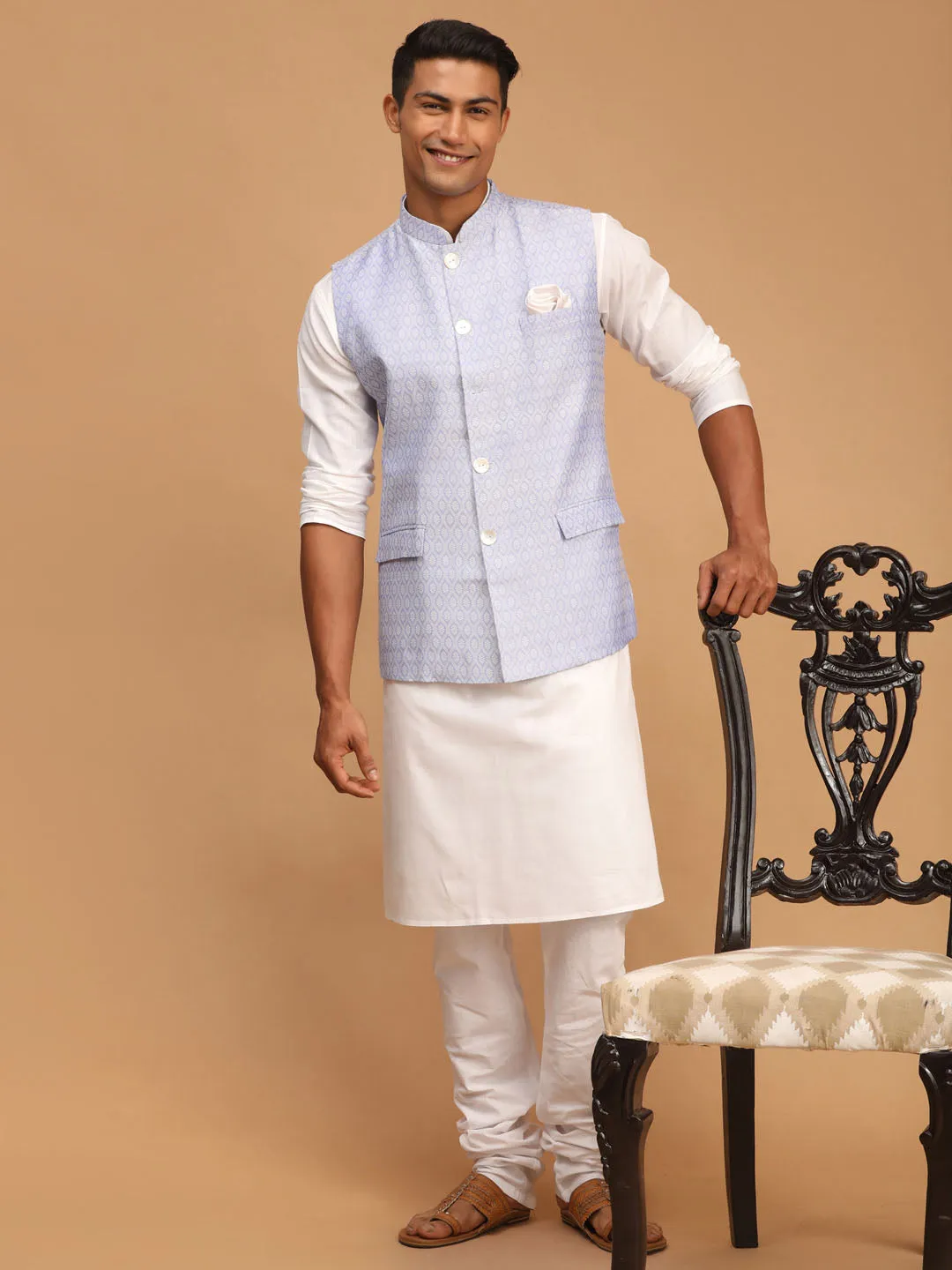 VASTRAMAY Men's Lavender Jacquard Nehru Jacket with Kurta Pyjama Set