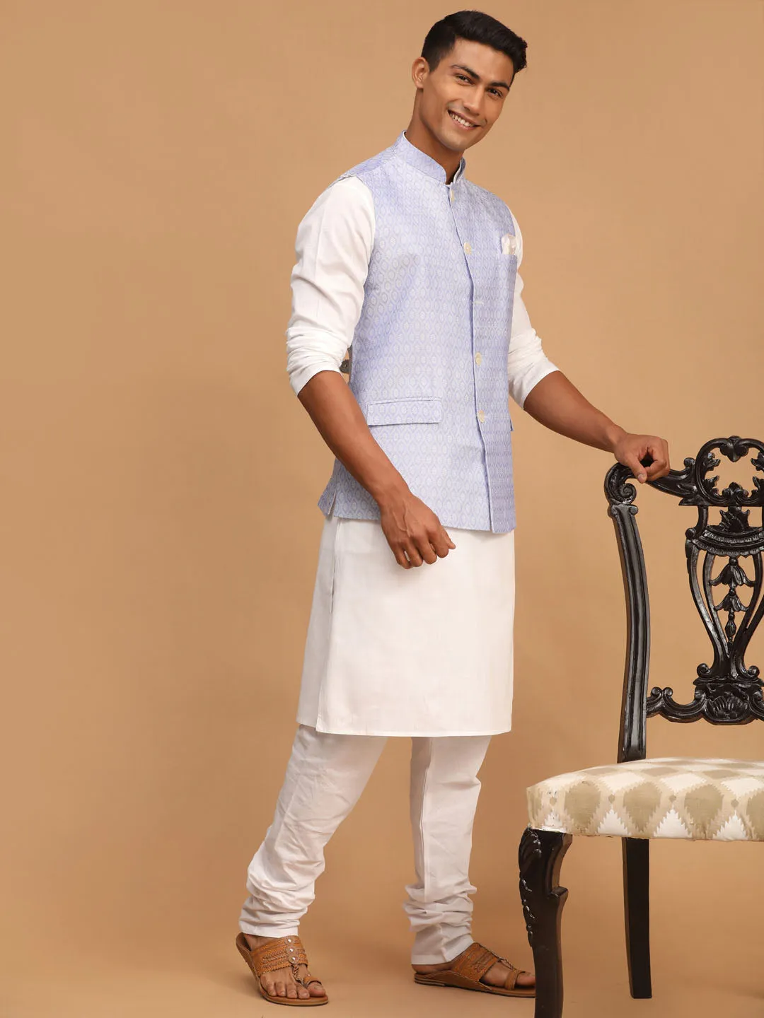 VASTRAMAY Men's Lavender Jacquard Nehru Jacket with Kurta Pyjama Set