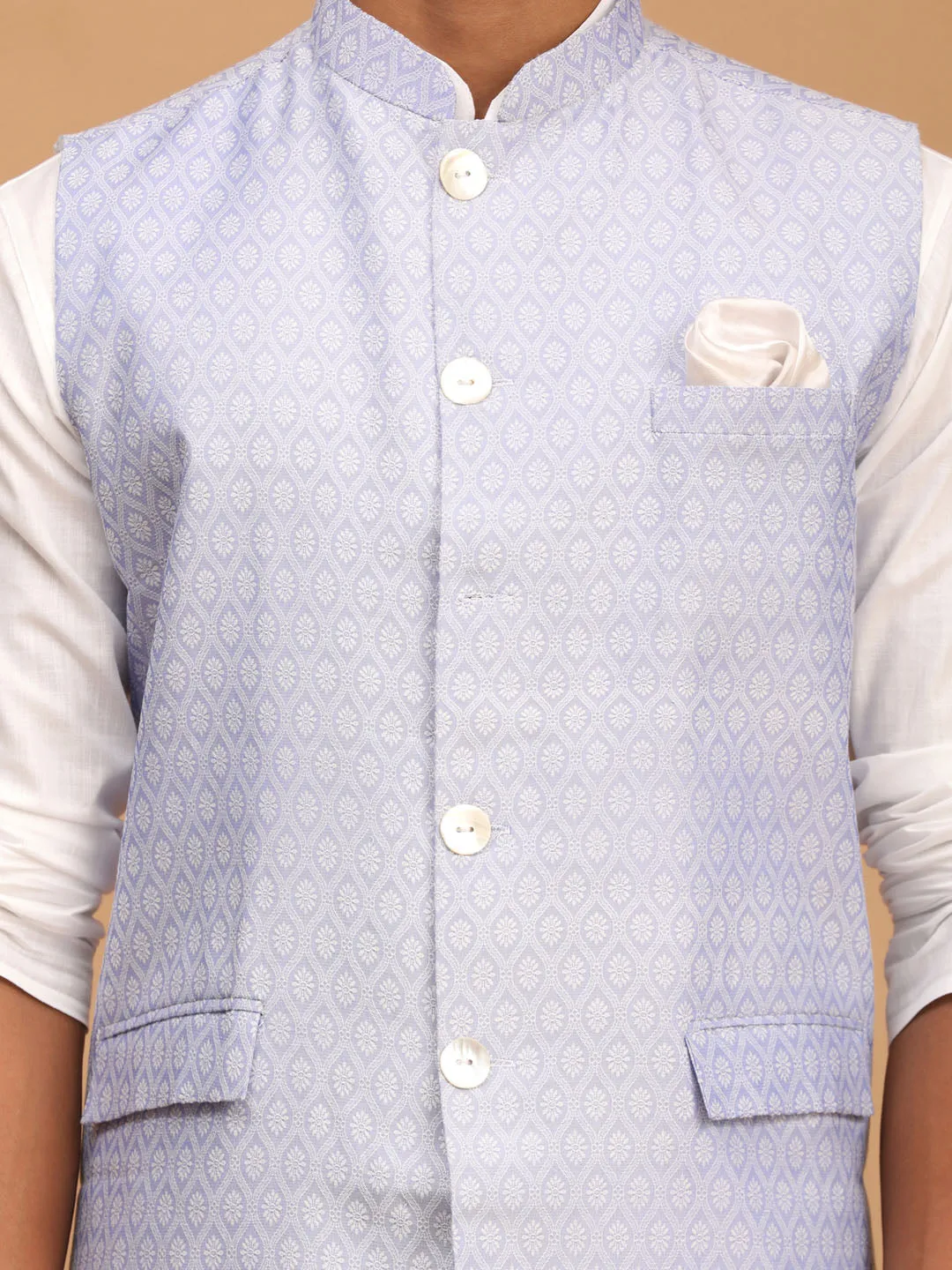 VASTRAMAY Men's Lavender Jacquard Nehru Jacket with Kurta Pyjama Set