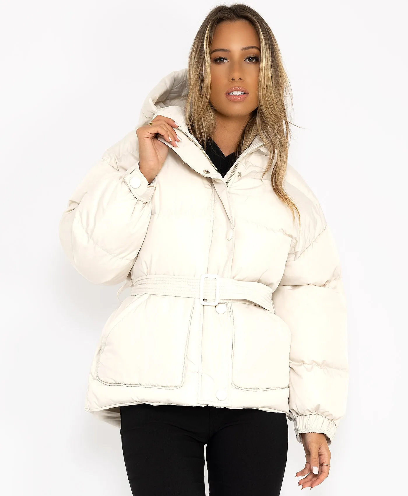 White Padded Quilted Belted Puffer Duvet Jacket