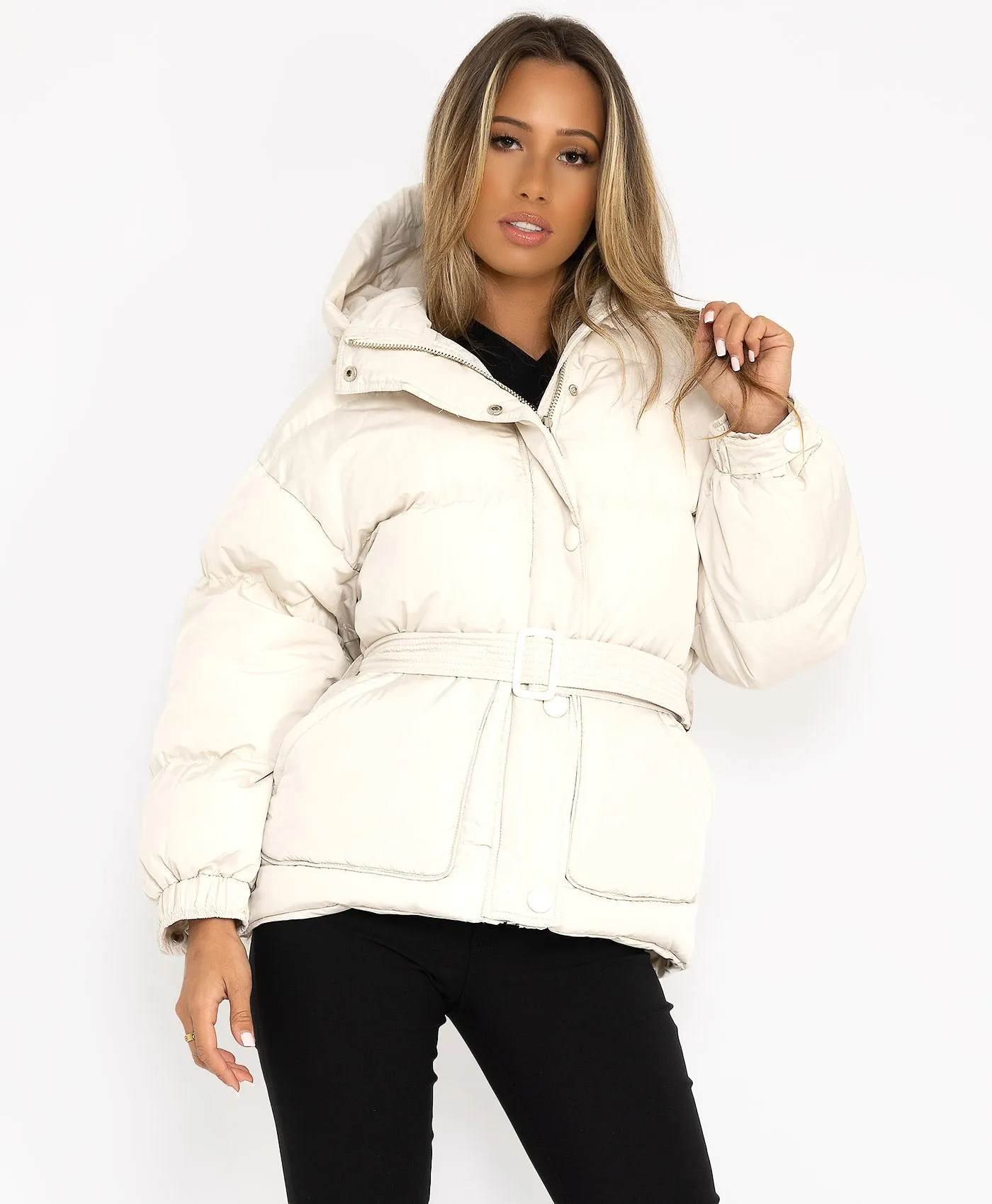 White Padded Quilted Belted Puffer Duvet Jacket