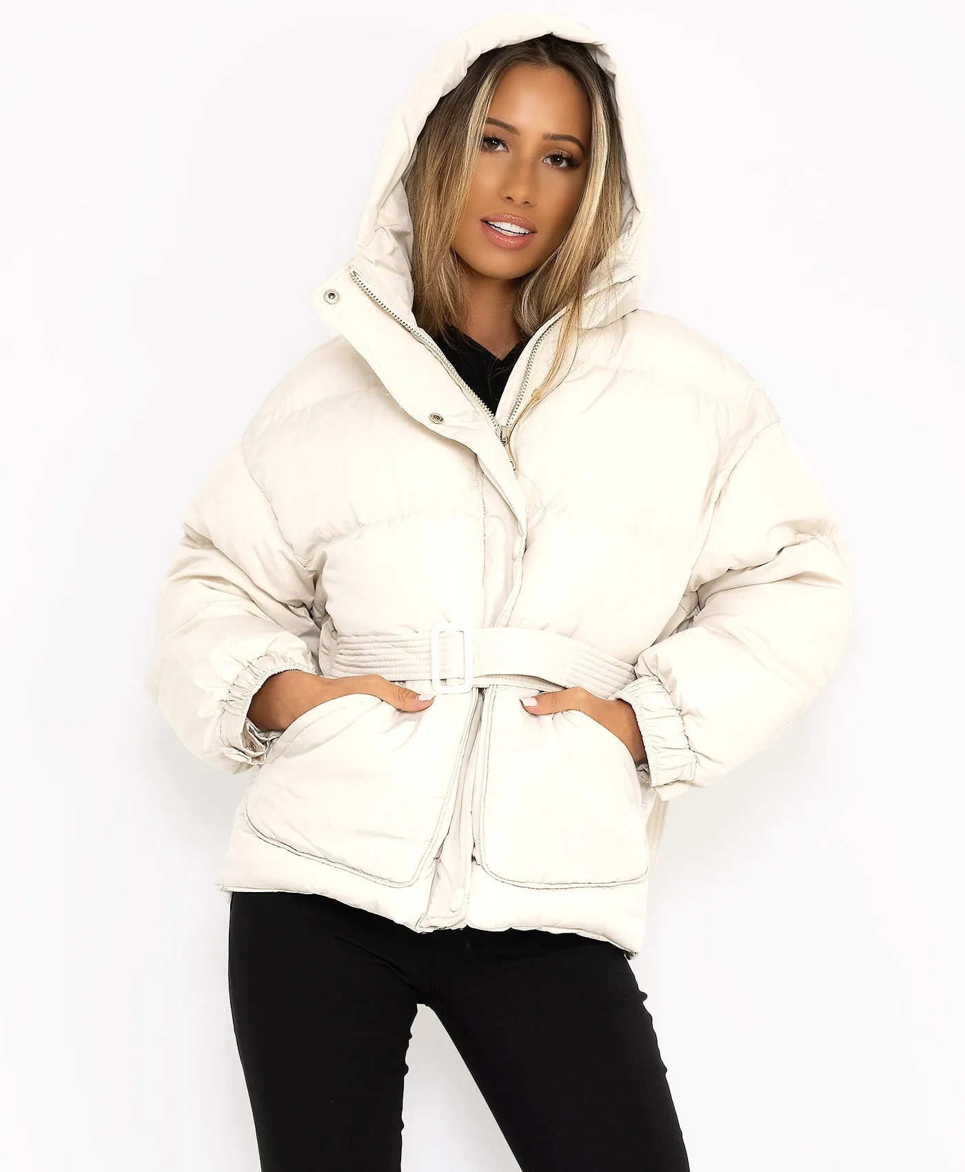 White Padded Quilted Belted Puffer Duvet Jacket