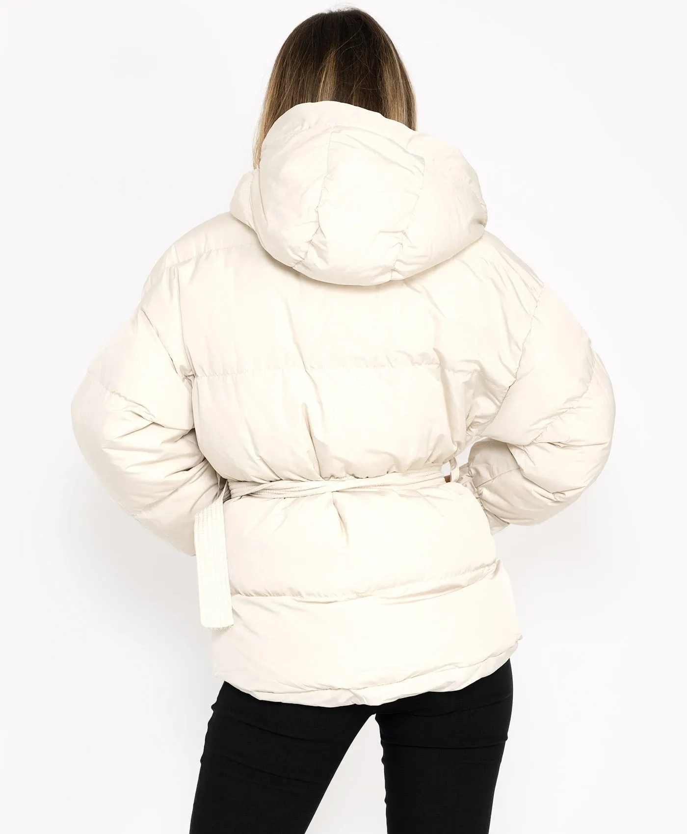 White Padded Quilted Belted Puffer Duvet Jacket