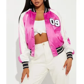 Women’s Fuchsia and White Varsity Satin Jacket