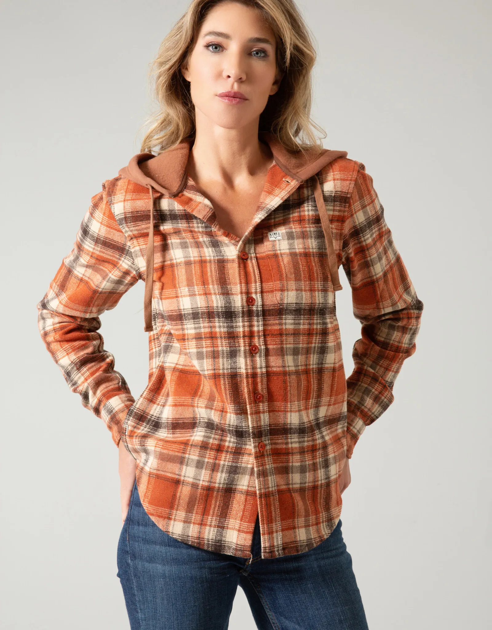 Womens Kimes Delano Burndt Orange Hooded Flannel Button Shirt