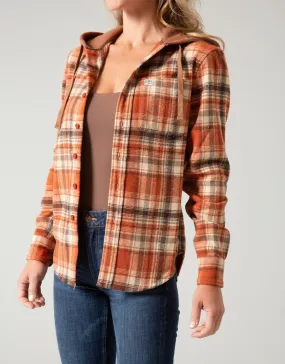 Womens Kimes Delano Burndt Orange Hooded Flannel Button Shirt