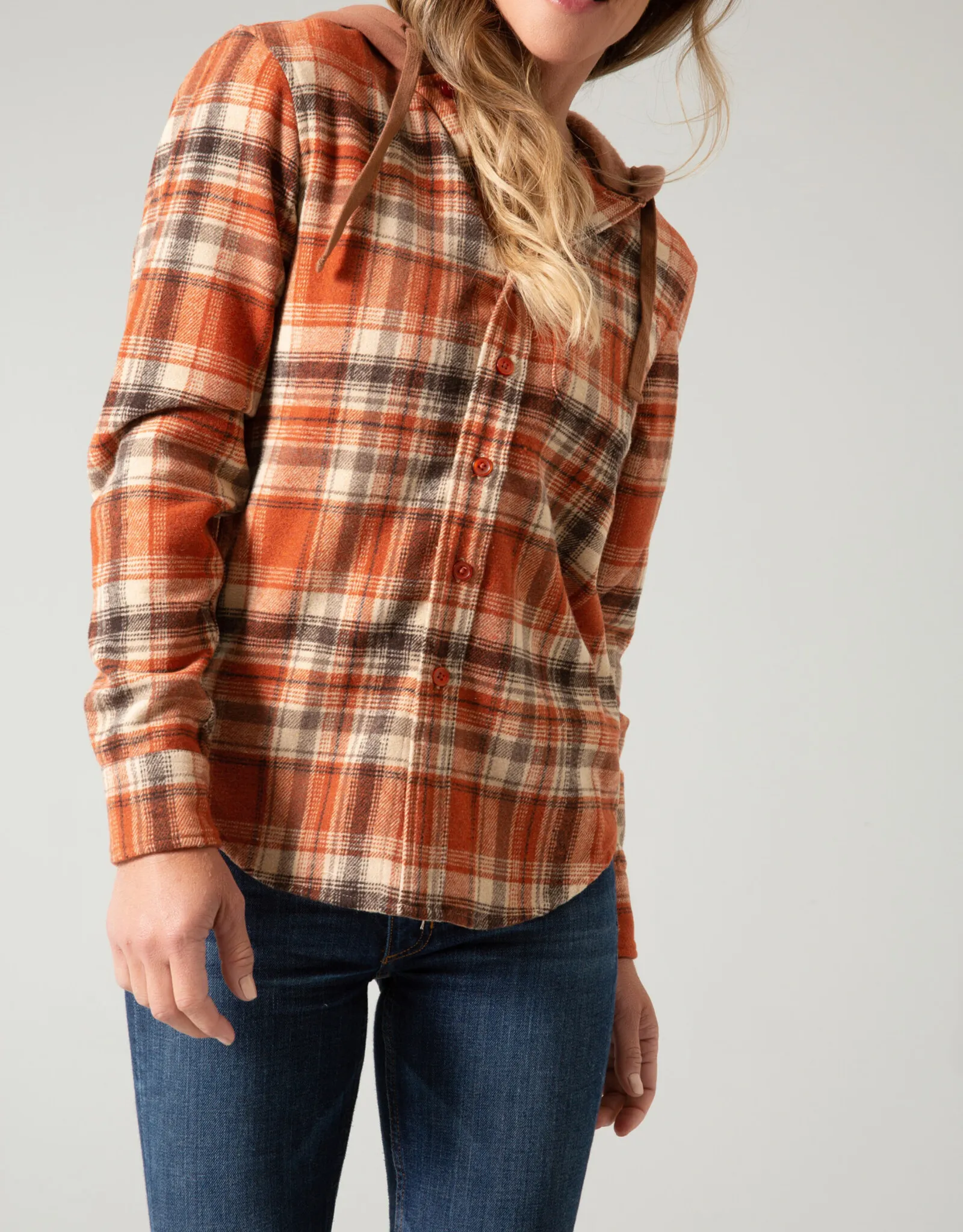 Womens Kimes Delano Burndt Orange Hooded Flannel Button Shirt