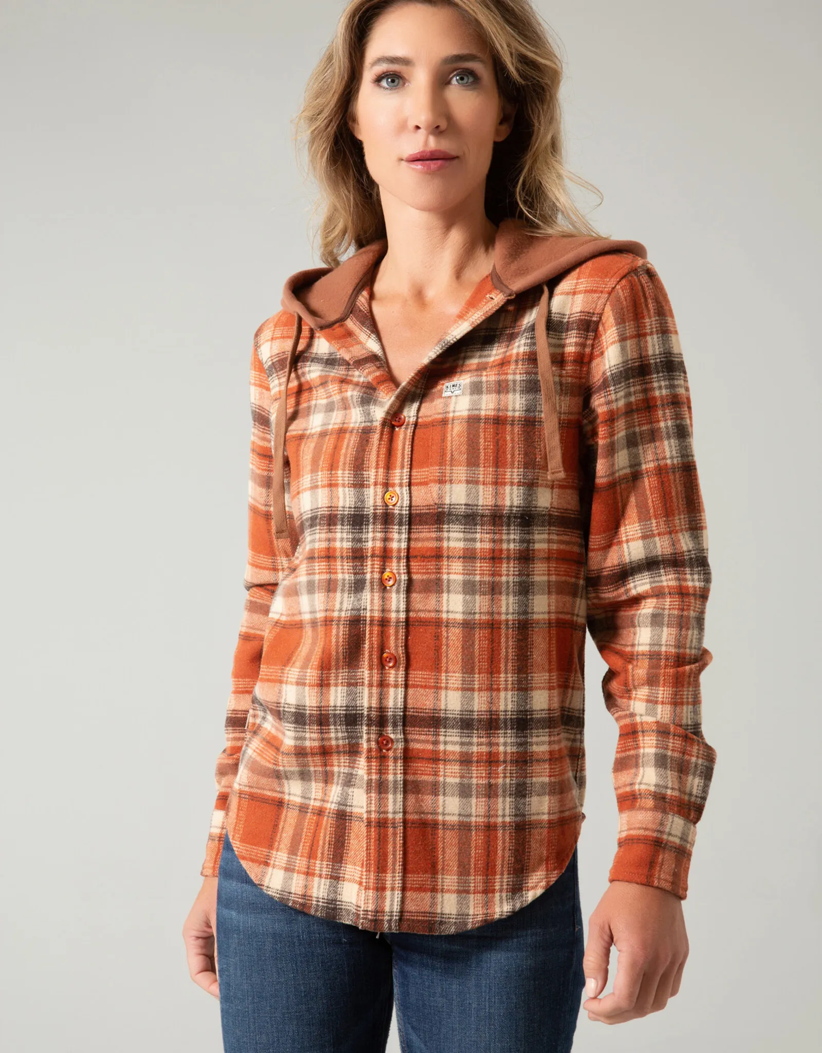 Womens Kimes Delano Burndt Orange Hooded Flannel Button Shirt